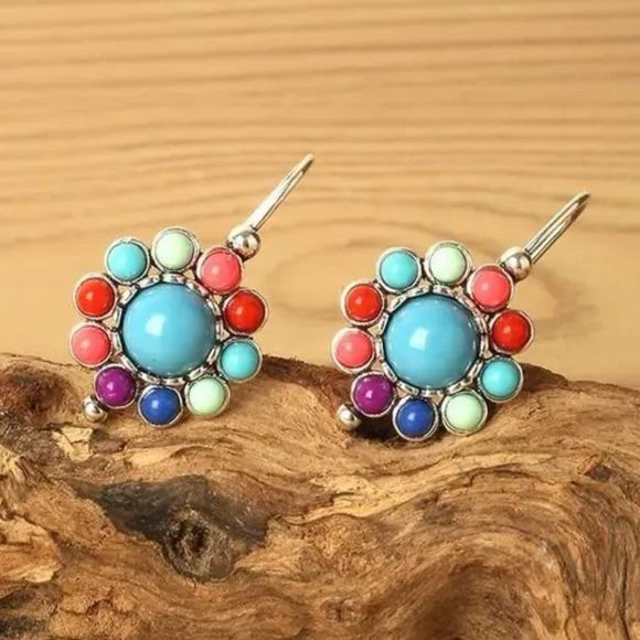Boho Flower Multicolor Silver Hook Earrings Tribal Ethnic - Picture 1 of 3